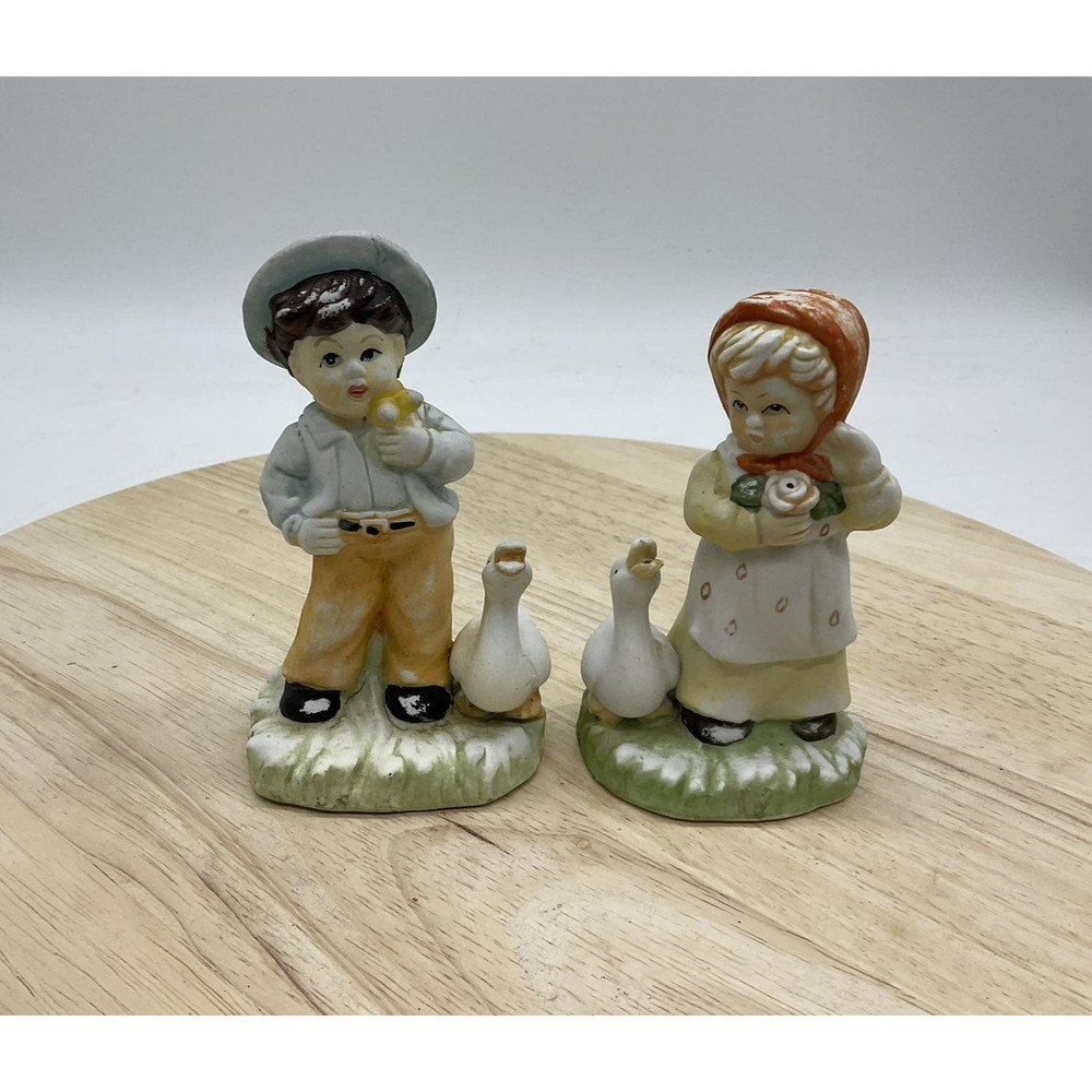 Vintage Ceramic Boy Girl Goose Figurines Set Farm Children Home Decor Gift